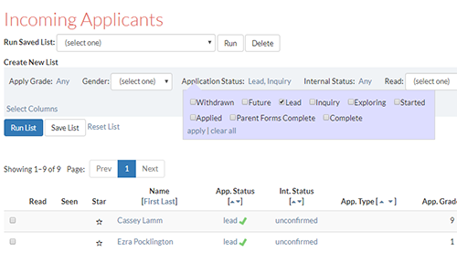 "Incoming Applicants" dashboard