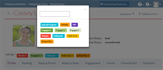 Feature that enables you to add tags to a student profile