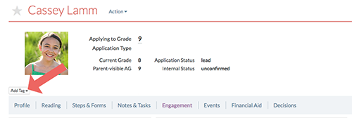 Arrow points out the "Add Tag" feature on student profiles